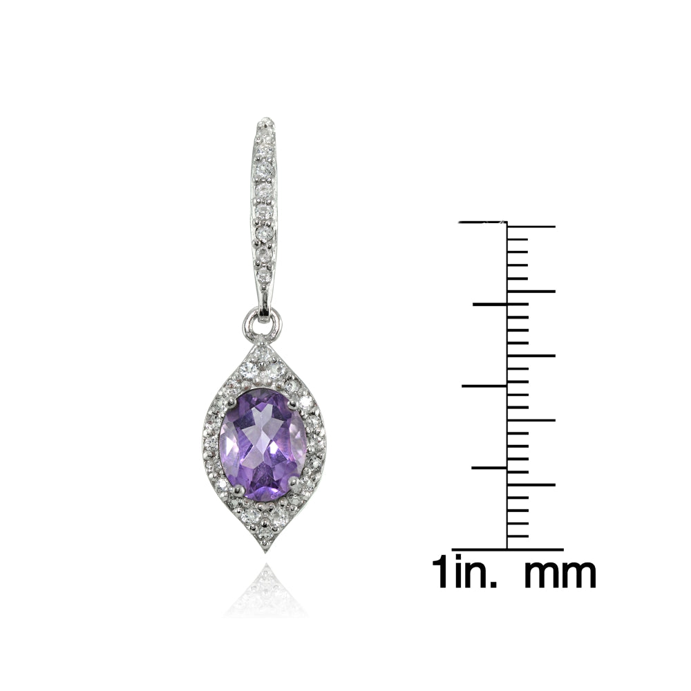 Sterling Silver Amethyst and White Topaz Oval Dangle Leverback Earrings-3