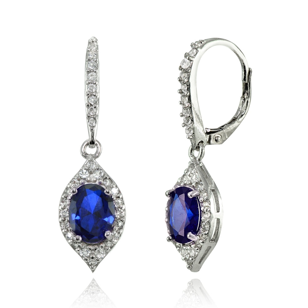 Sterling Silver Created Blue Sapphire and White Topaz Oval Dangle Leverback Earrings