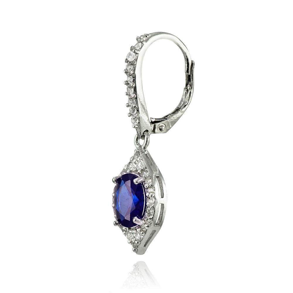 Sterling Silver Created Blue Sapphire and White Topaz Oval Dangle Leverback Earrings-2