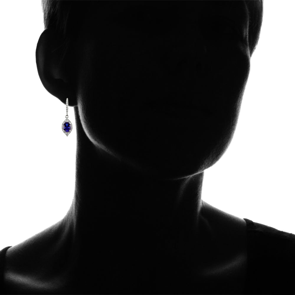 Sterling Silver Created Blue Sapphire and White Topaz Oval Dangle Leverback Earrings-4