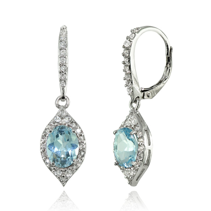 Sterling Silver Blue Topaz and White Topaz Oval Dangle Leverback Earrings