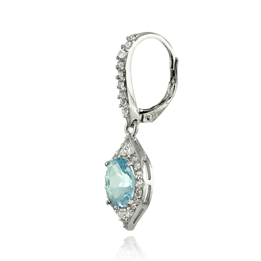 Sterling Silver Blue Topaz and White Topaz Oval Dangle Leverback Earrings-2