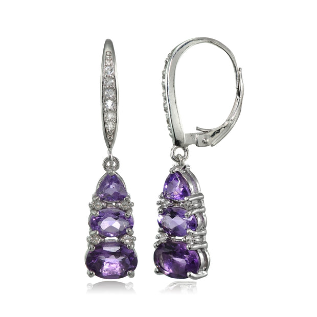 Sterling Silver African Amethyst and White Topaz 3-Stone Dangle Leverback Earrings