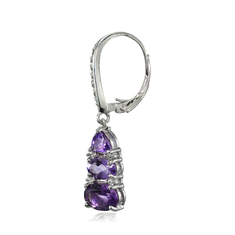 Sterling Silver African Amethyst and White Topaz 3-Stone Dangle Leverback Earrings-2