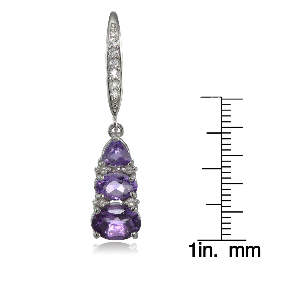 Sterling Silver African Amethyst and White Topaz 3-Stone Dangle Leverback Earrings-3