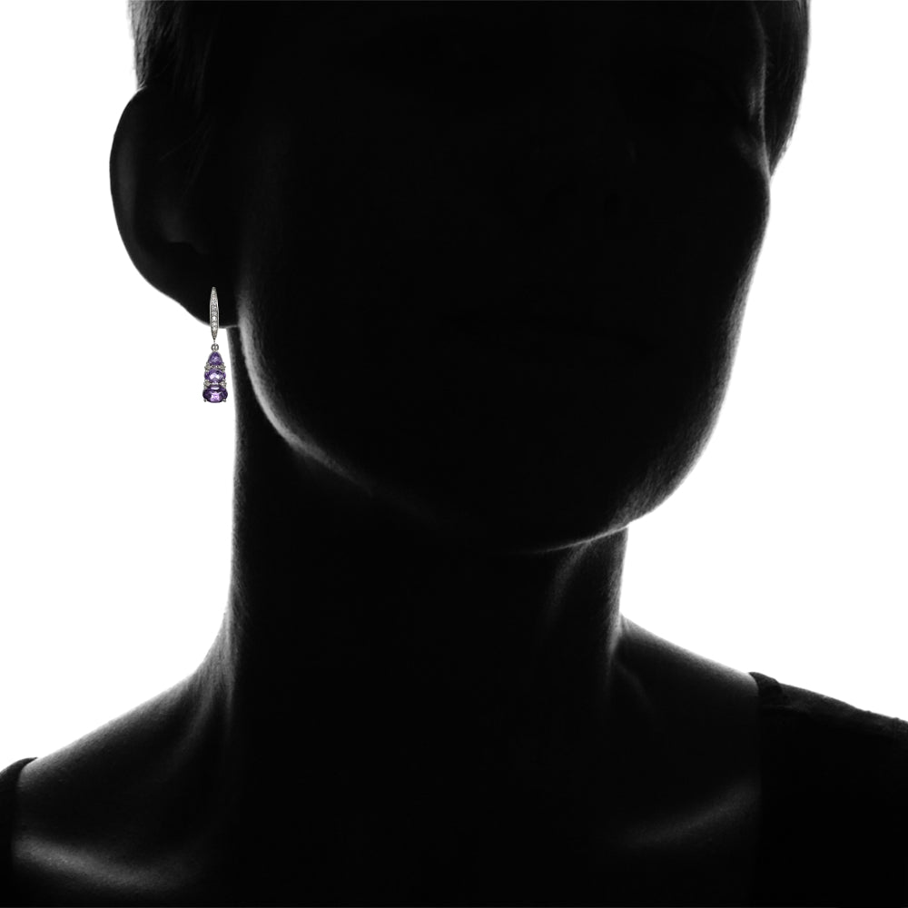 Sterling Silver African Amethyst and White Topaz 3-Stone Dangle Leverback Earrings-4