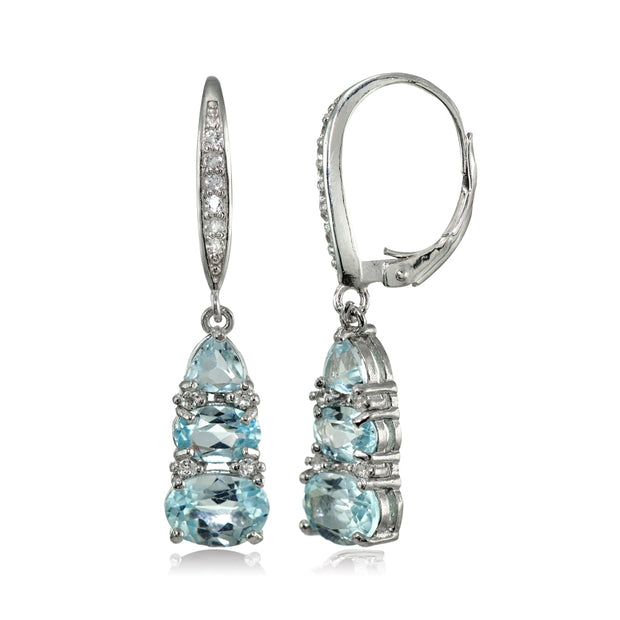 Sterling Silver Blue and White Topaz 3-Stone Dangle Leverback Earrings