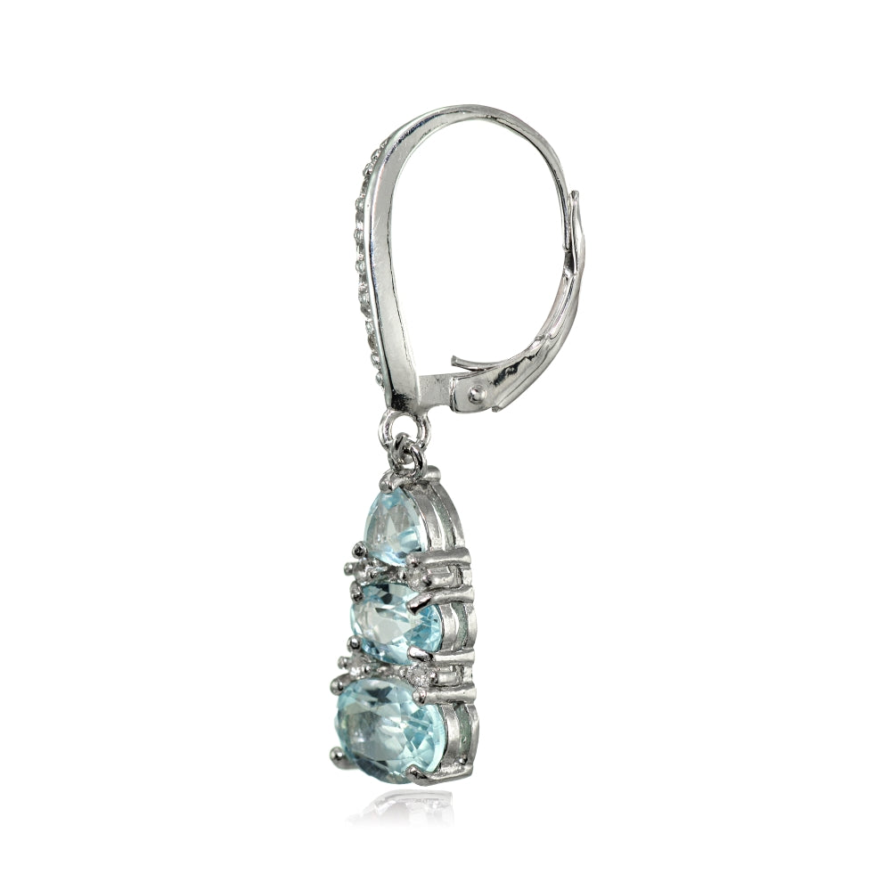 Sterling Silver Blue and White Topaz 3-Stone Dangle Leverback Earrings-2