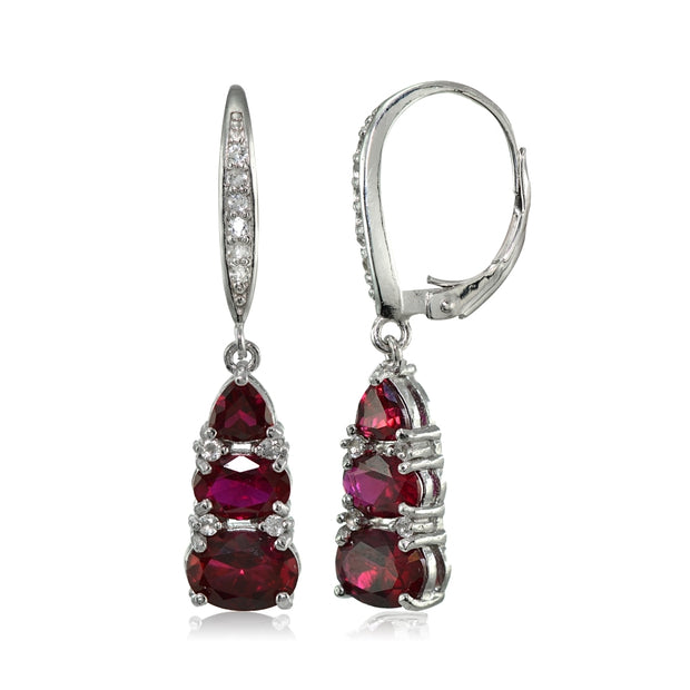 Sterling Silver Created Ruby and White Topaz 3-Stone Dangle Leverback Earrings