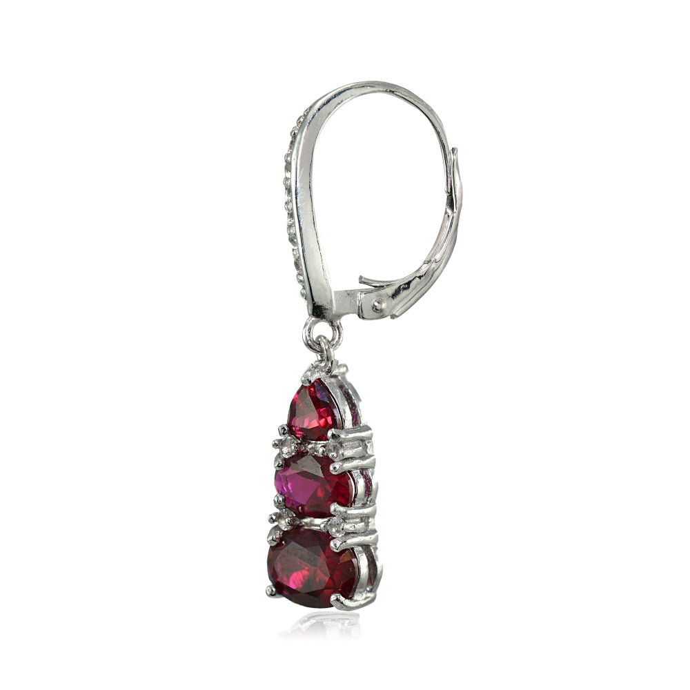 Sterling Silver Created Ruby and White Topaz 3-Stone Dangle Leverback Earrings-2