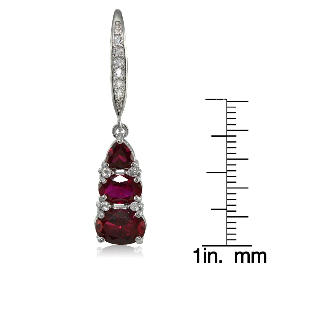 Sterling Silver Created Ruby and White Topaz 3-Stone Dangle Leverback Earrings-3