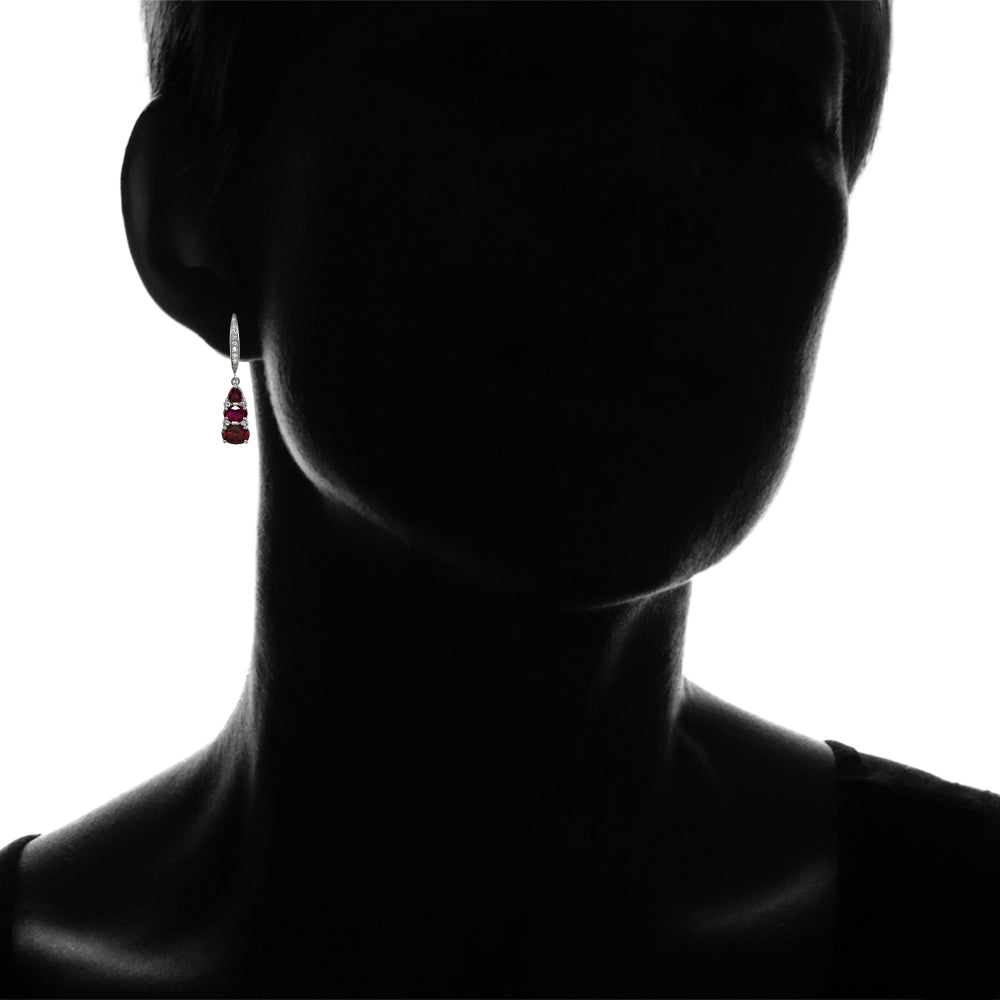 Sterling Silver Created Ruby and White Topaz 3-Stone Dangle Leverback Earrings-4