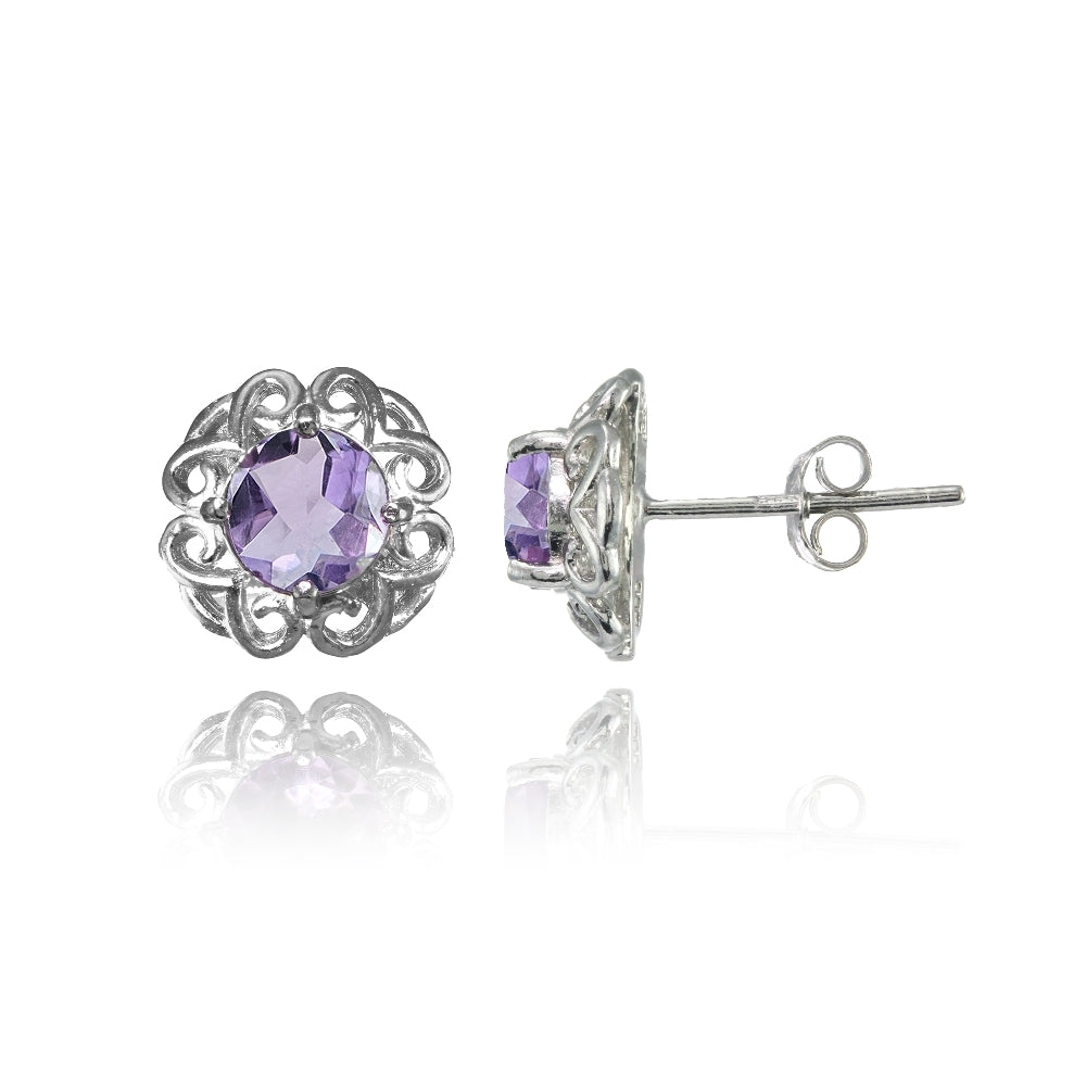 Sterling Silver Amethyst Round Filigree Stud Earrings