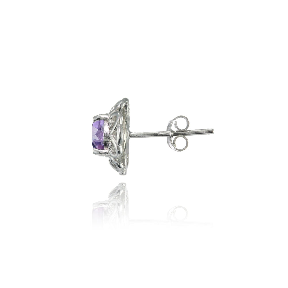 Sterling Silver Amethyst Round Filigree Stud Earrings-2
