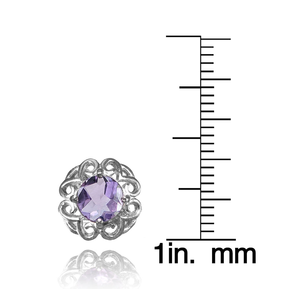 Sterling Silver Amethyst Round Filigree Stud Earrings-3
