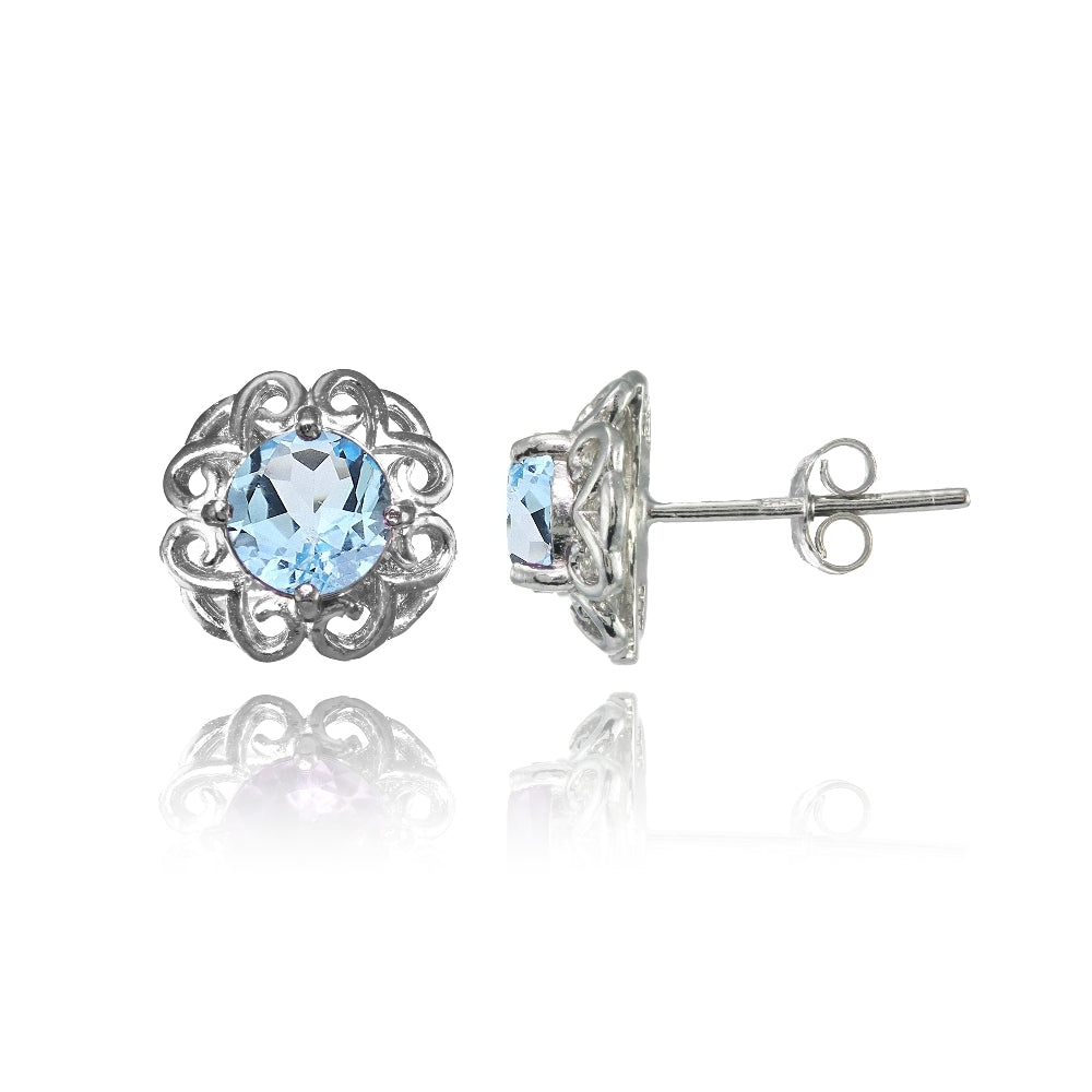 Sterling Silver Blue Topaz Round Filigree Stud Earrings