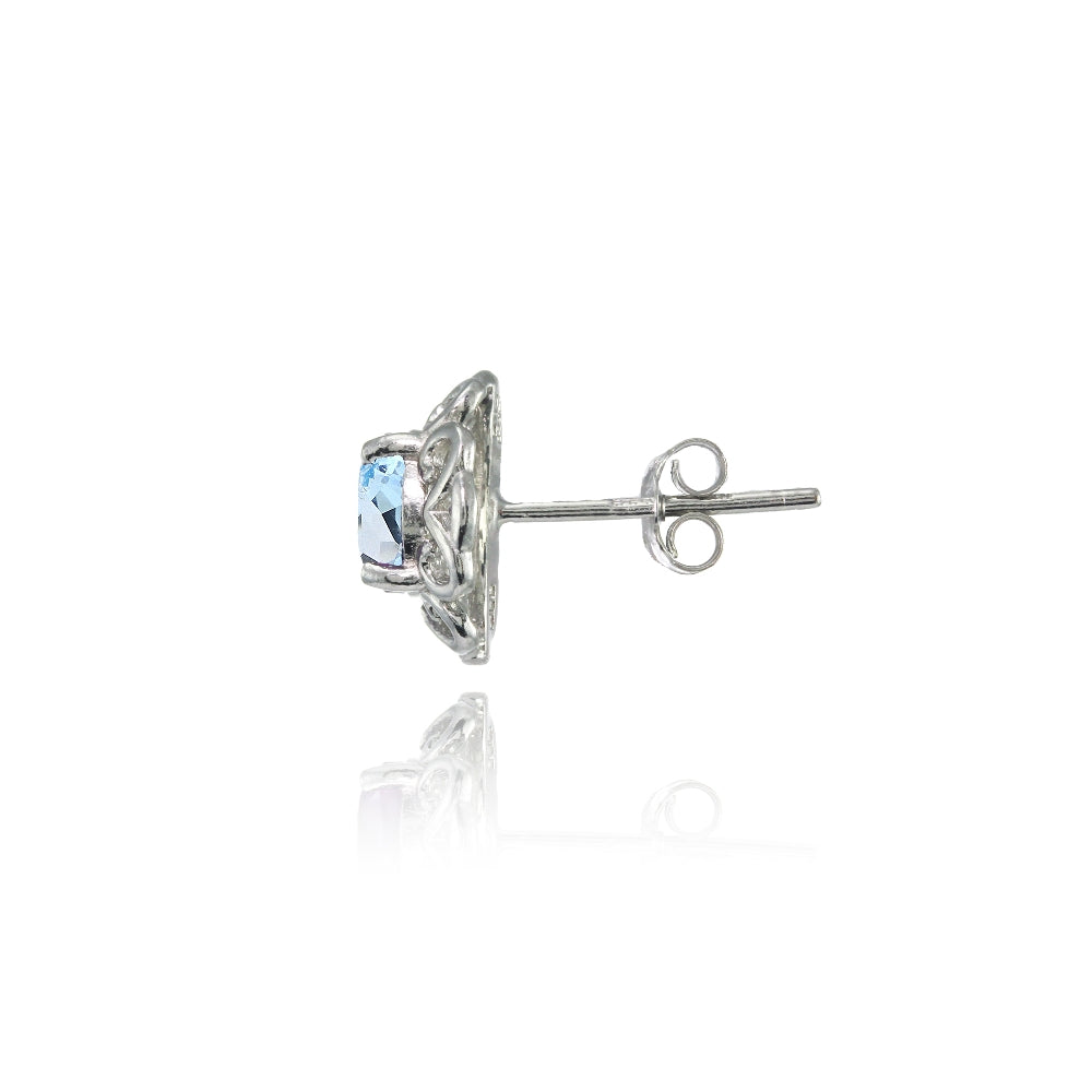 Sterling Silver Blue Topaz Round Filigree Stud Earrings-2