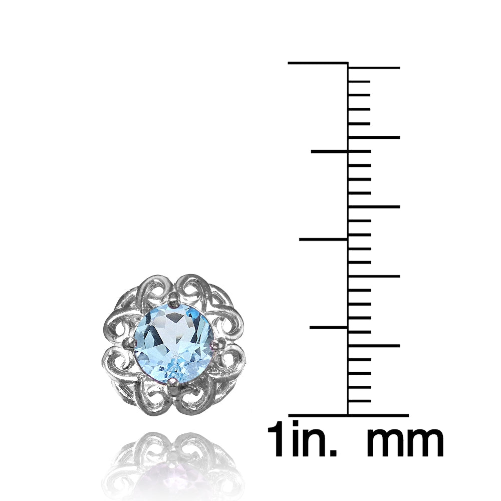 Sterling Silver Blue Topaz Round Filigree Stud Earrings-3