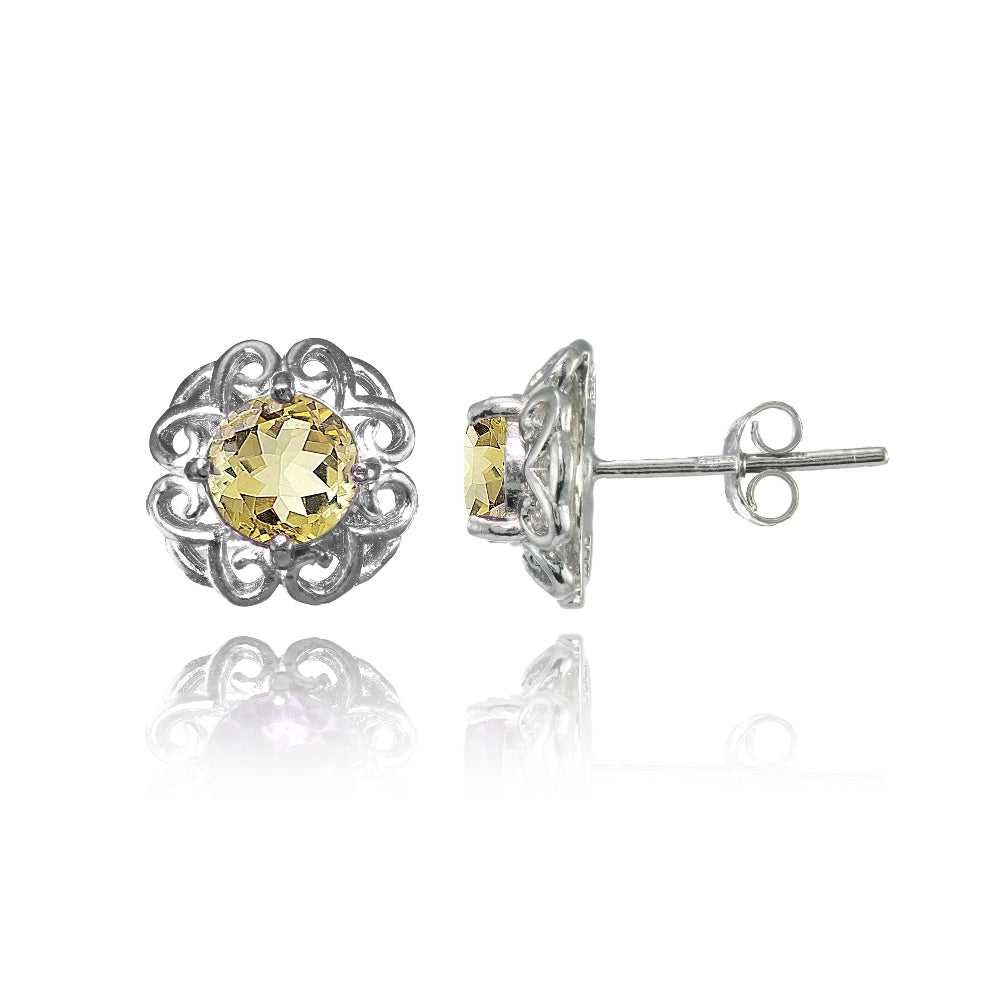 Sterling Silver Citrine Round Filigree Stud Earrings