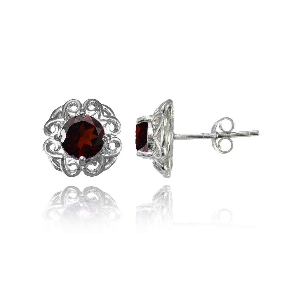Sterling Silver Garnet Round Filigree Stud Earrings