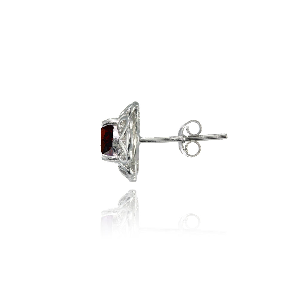 Sterling Silver Garnet Round Filigree Stud Earrings-2