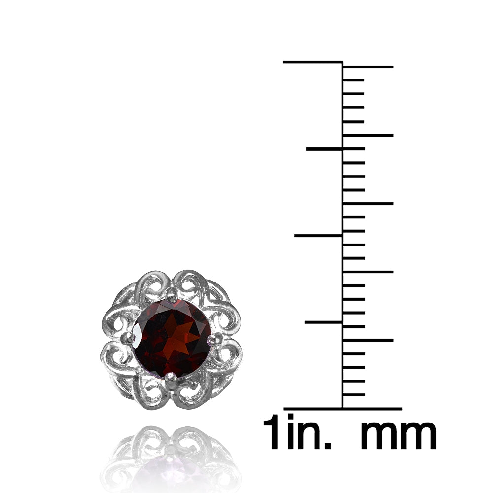 Sterling Silver Garnet Round Filigree Stud Earrings-3