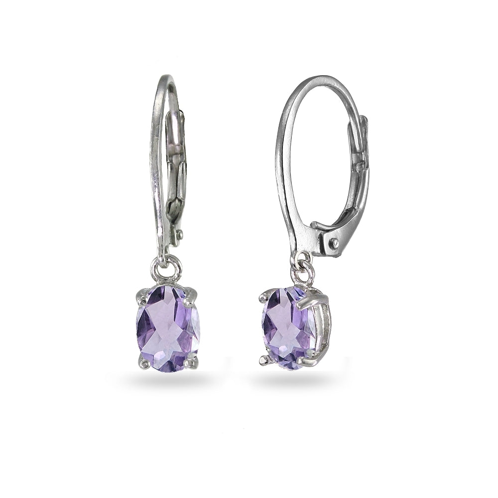 Sterling Silver Birthstone Gemstone 7x5mm Oval Dangle Leverback Earrings