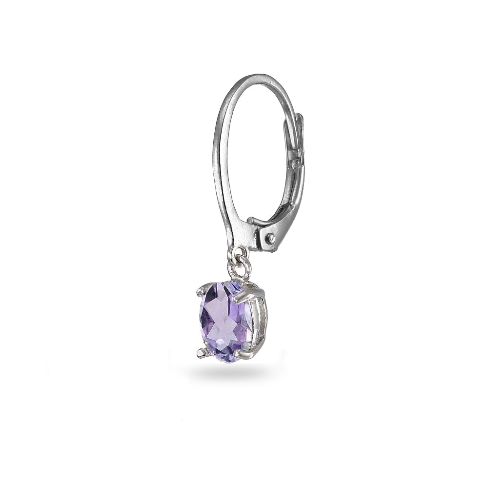 Sterling Silver Birthstone Gemstone 7x5mm Oval Dangle Leverback Earrings-2