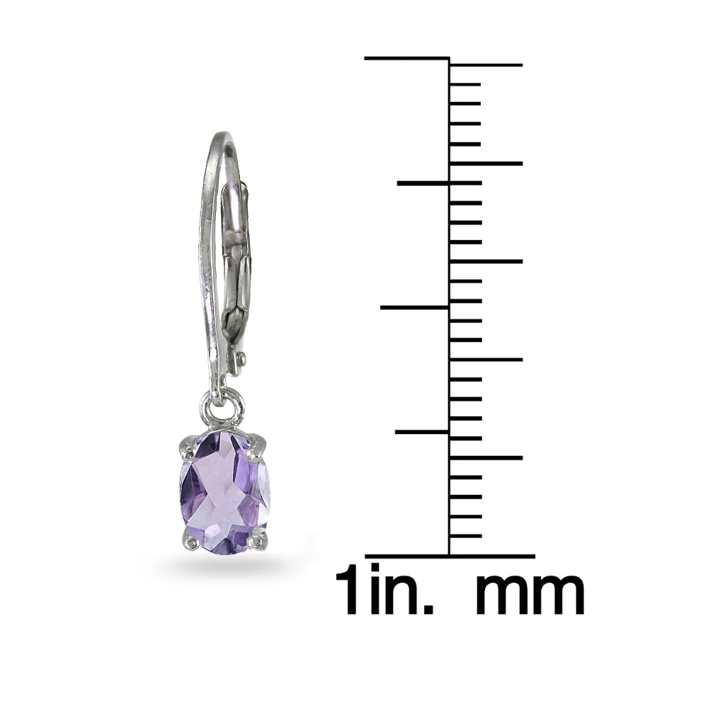 Sterling Silver Birthstone Gemstone 7x5mm Oval Dangle Leverback Earrings-3