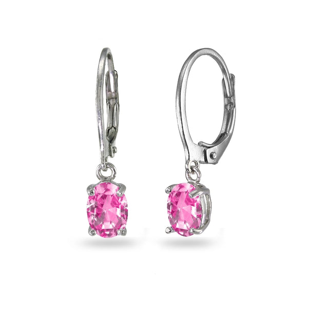 Sterling Silver Created Pink Sapphire 7x5mm Oval Dangle Leverback Earrings
