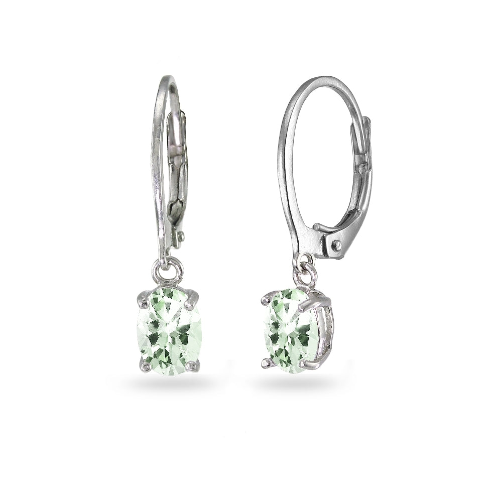Sterling Silver Green Amethyst 7x5mm Oval Dangle Leverback Earrings
