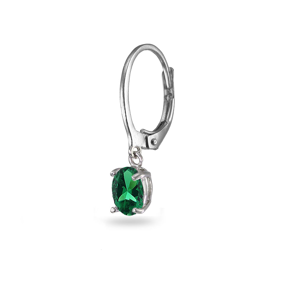 Sterling Silver Created Emerald 7x5mm Oval Dangle Leverback Earrings-2