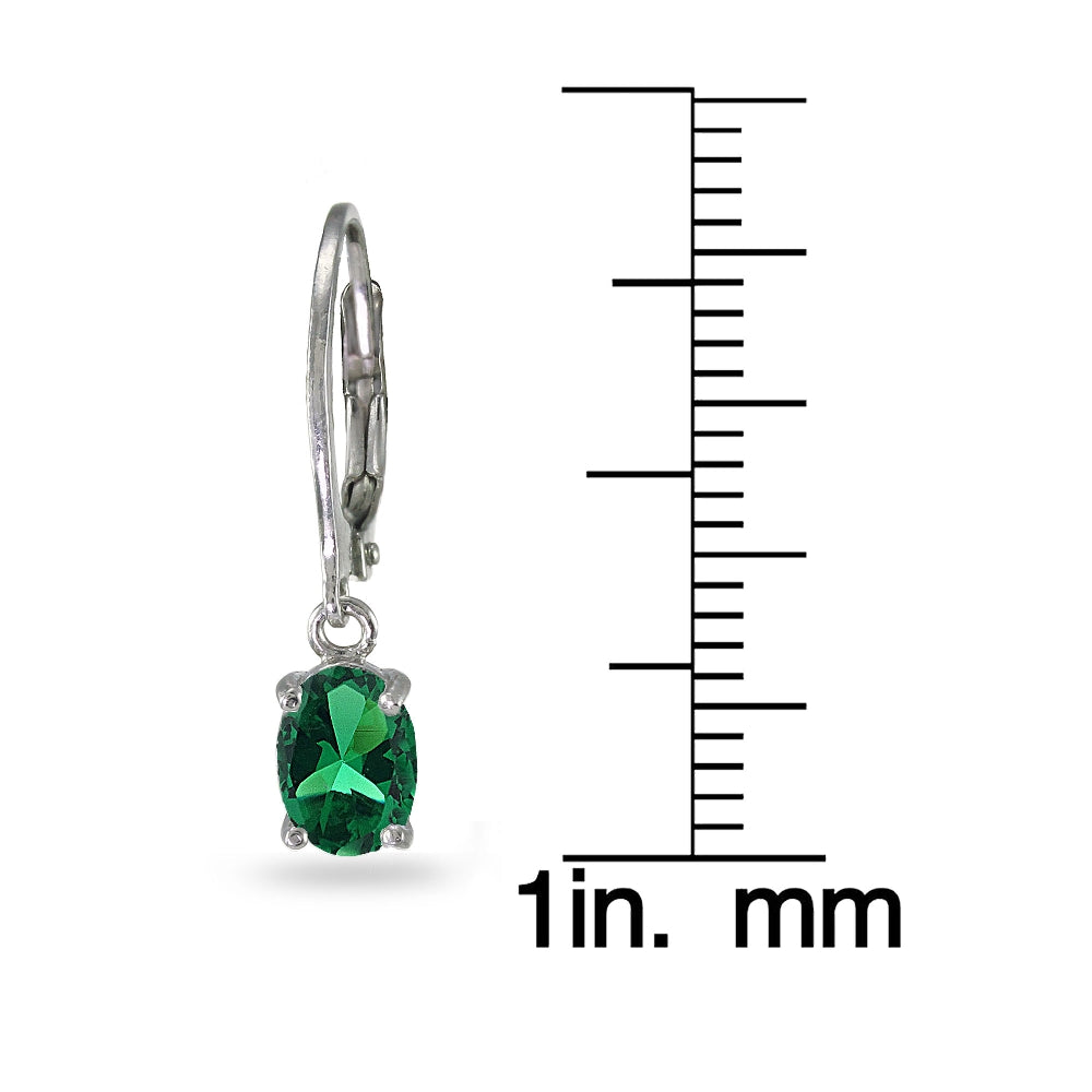 Sterling Silver Created Emerald 7x5mm Oval Dangle Leverback Earrings-3