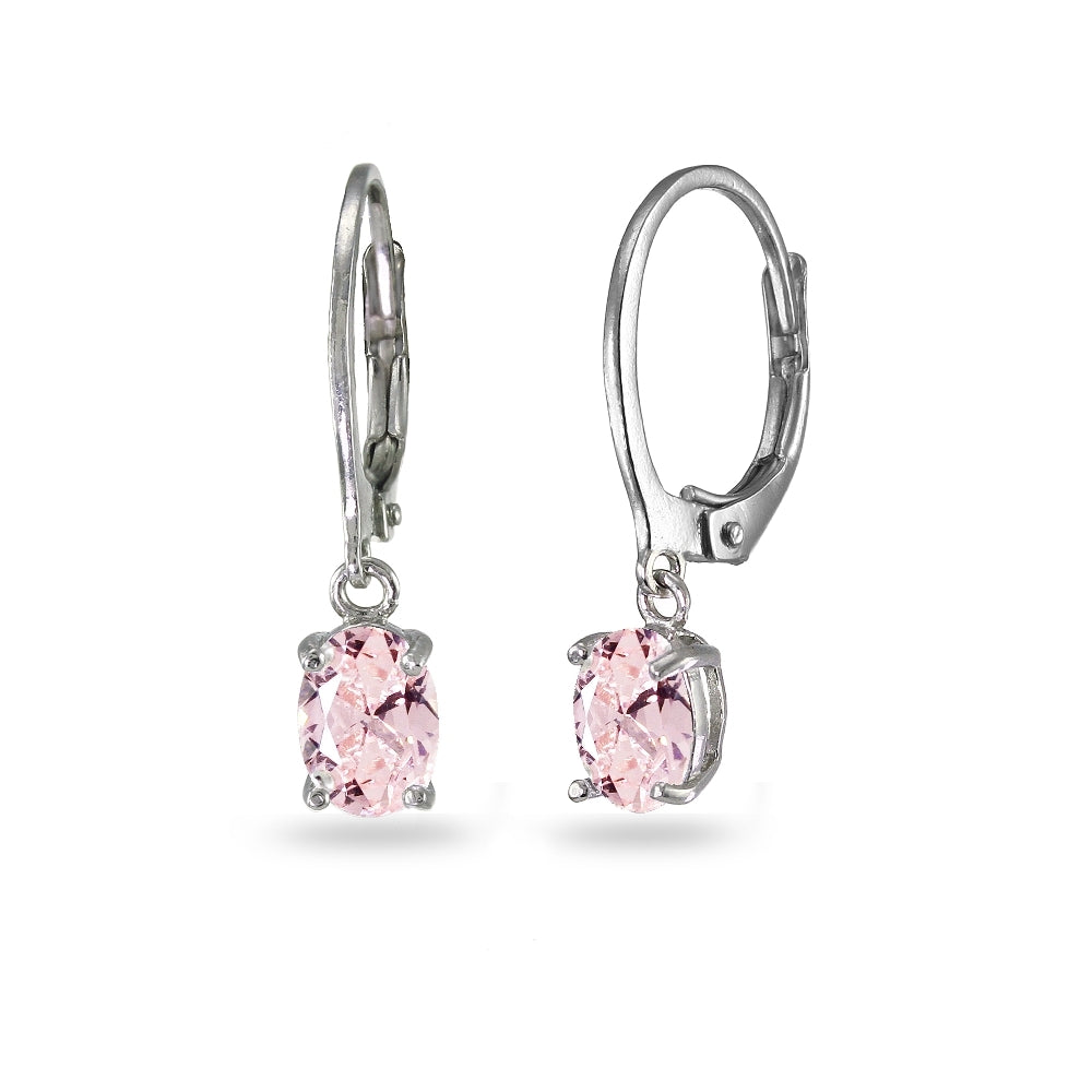 Sterling Silver Created Morganite 7x5mm Oval Dangle Leverback Earrings