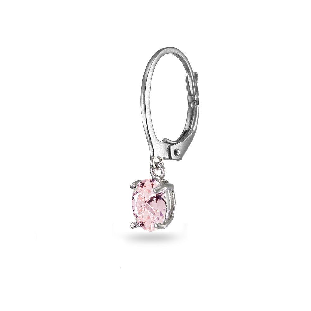 Sterling Silver Created Morganite 7x5mm Oval Dangle Leverback Earrings-2