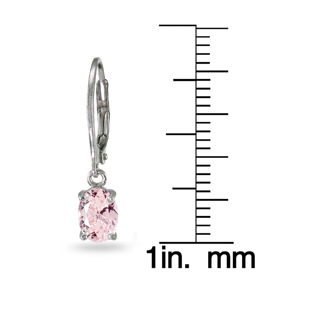 Sterling Silver Created Morganite 7x5mm Oval Dangle Leverback Earrings-3