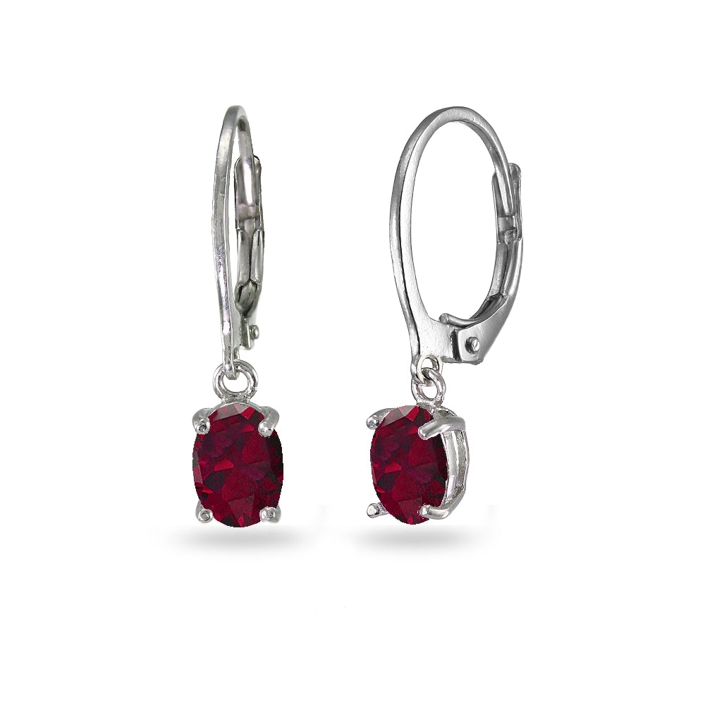 Sterling Silver Created Ruby 7x5mm Oval Dangle Leverback Earrings