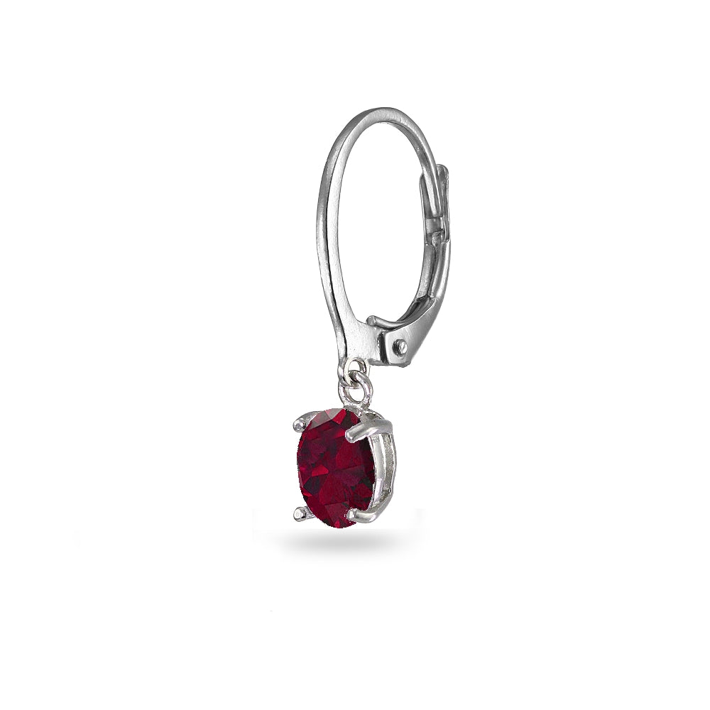 Sterling Silver Created Ruby 7x5mm Oval Dangle Leverback Earrings-2