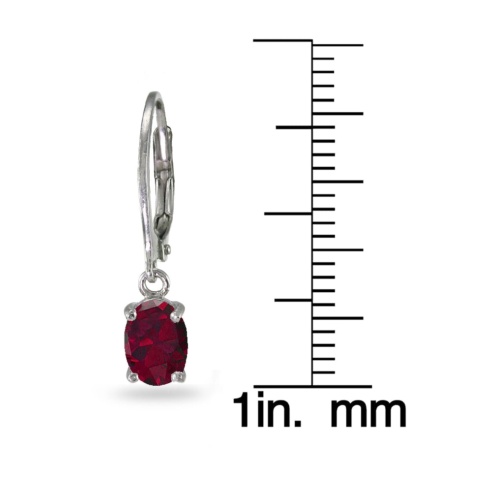 Sterling Silver Created Ruby 7x5mm Oval Dangle Leverback Earrings-3