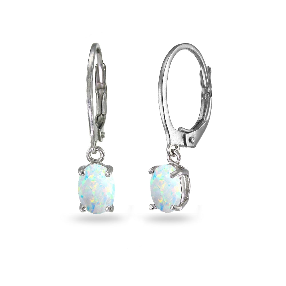 Sterling Silver Created White Opal 7x5mm Oval Dangle Leverback Earrings