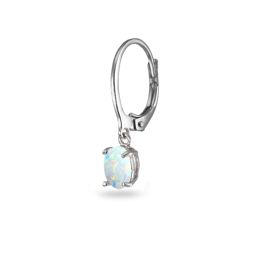Sterling Silver Created White Opal 7x5mm Oval Dangle Leverback Earrings-2