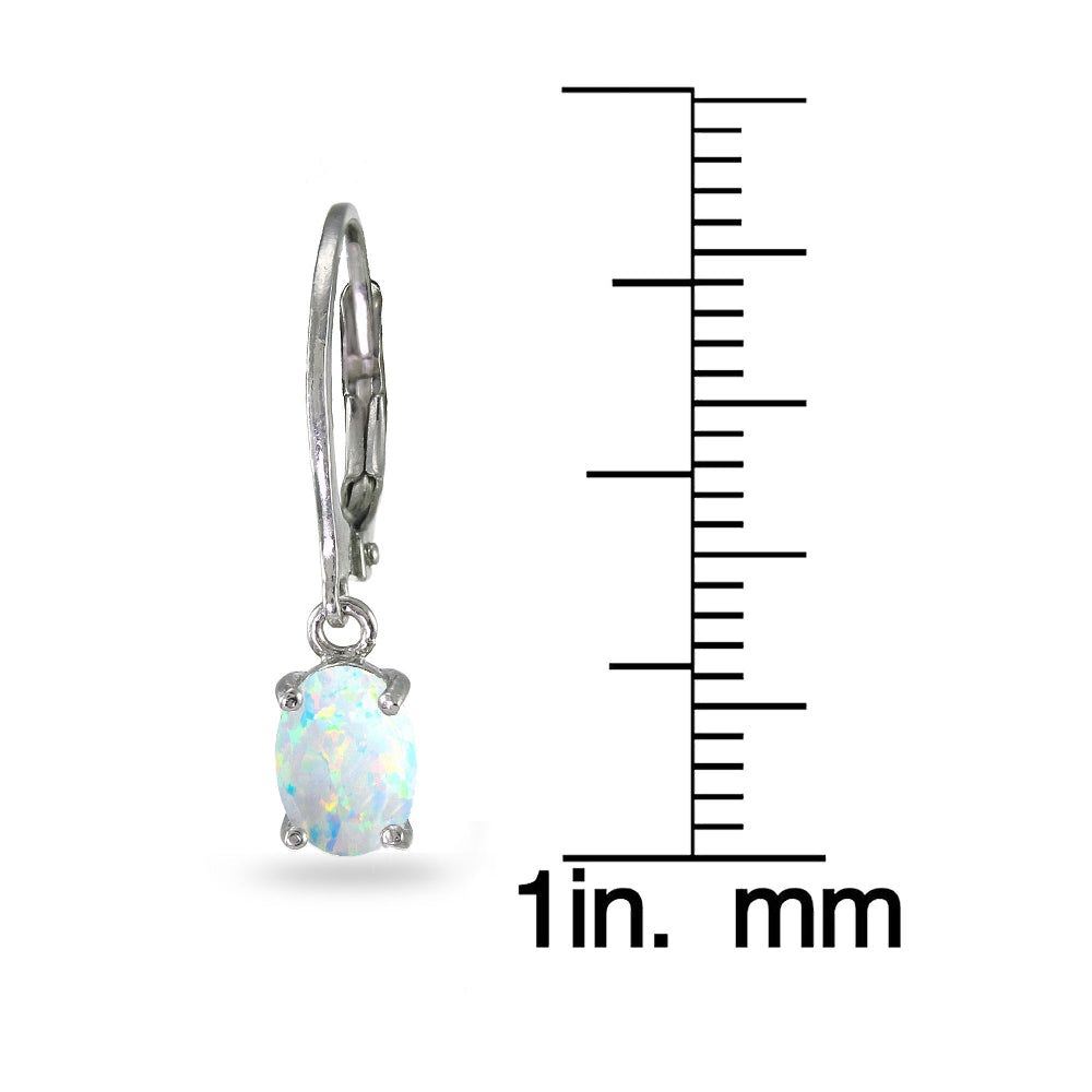Sterling Silver Created White Opal 7x5mm Oval Dangle Leverback Earrings-3