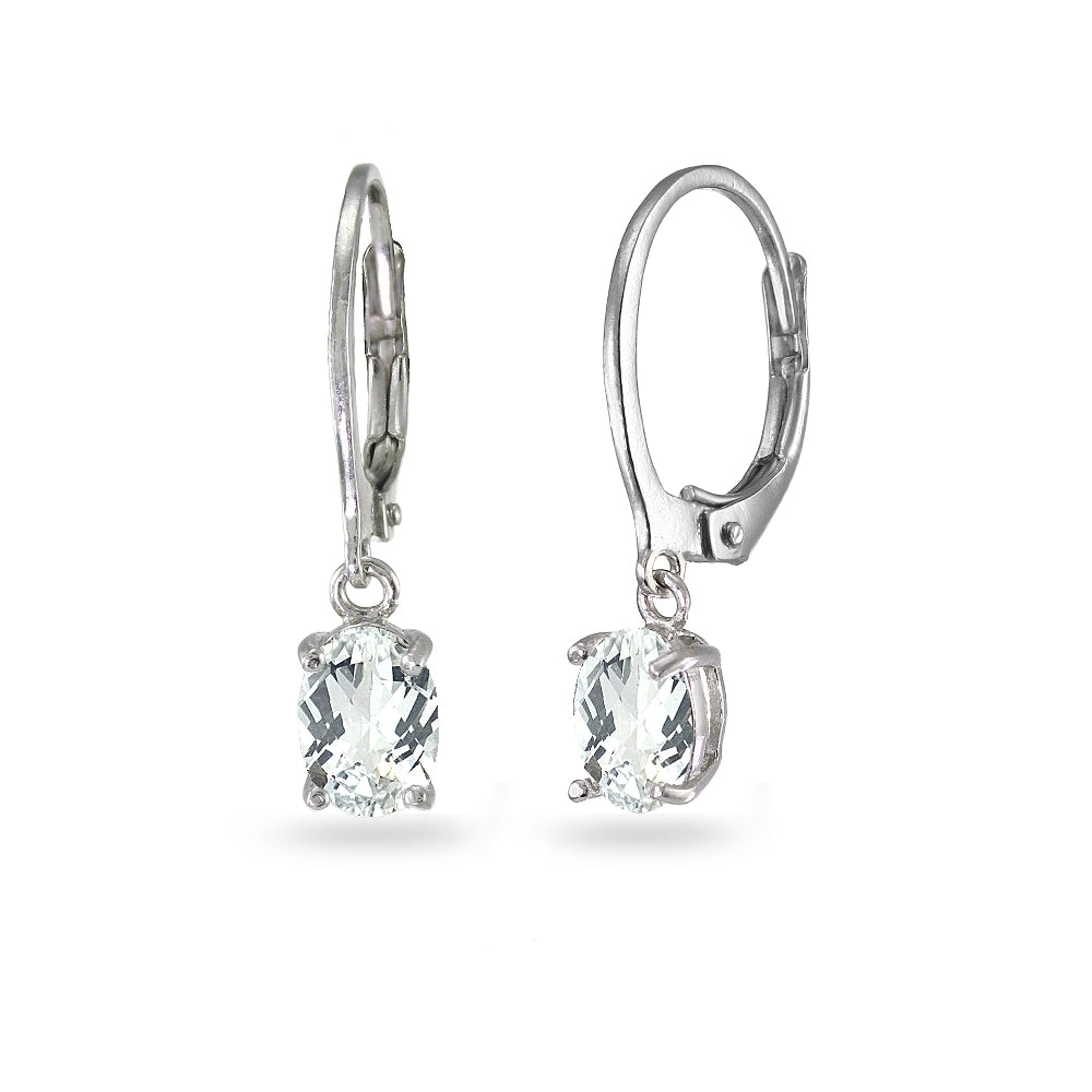 Sterling Silver White Topaz 7x5mm Oval Dangle Leverback Earrings