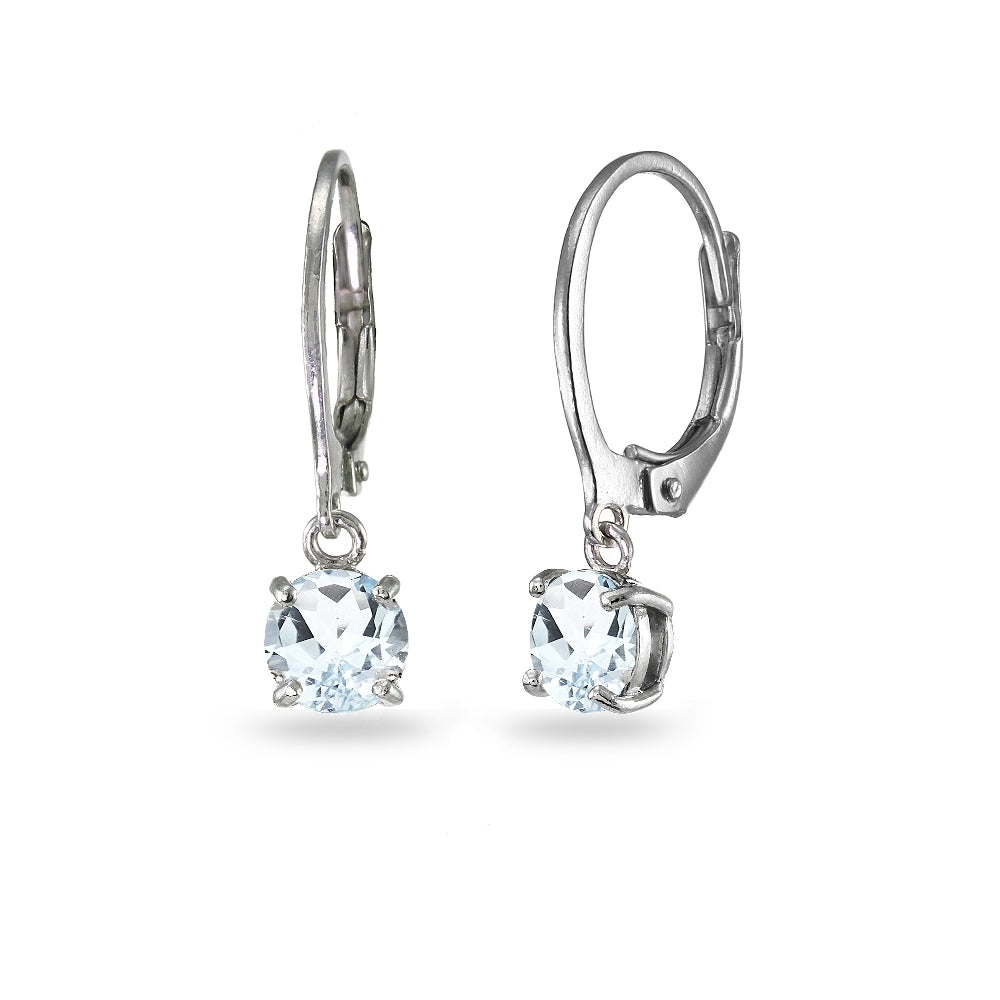 Sterling Silver Aquamarine 6mm Round Dangle Leverback Earrings