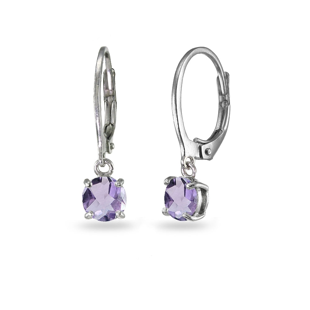 Sterling Silver Amethyst 6mm Round Dangle Leverback Earrings