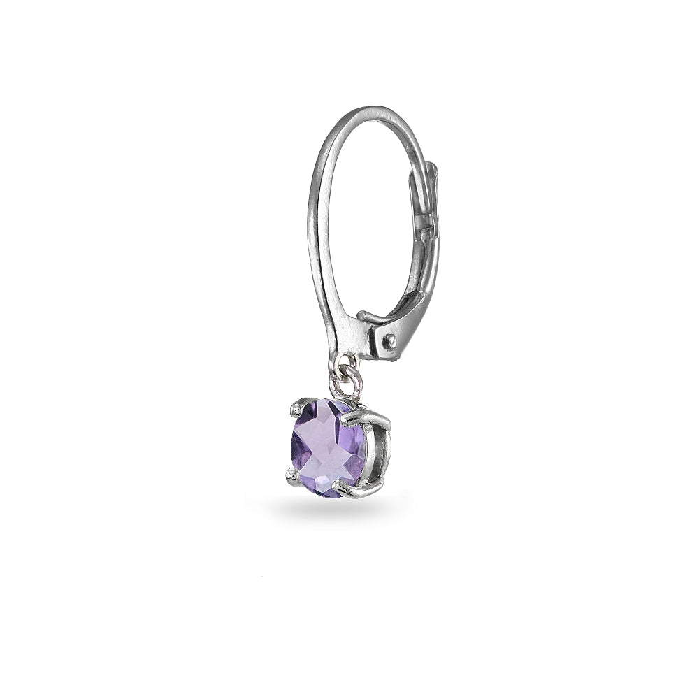 Sterling Silver Amethyst 6mm Round Dangle Leverback Earrings-2