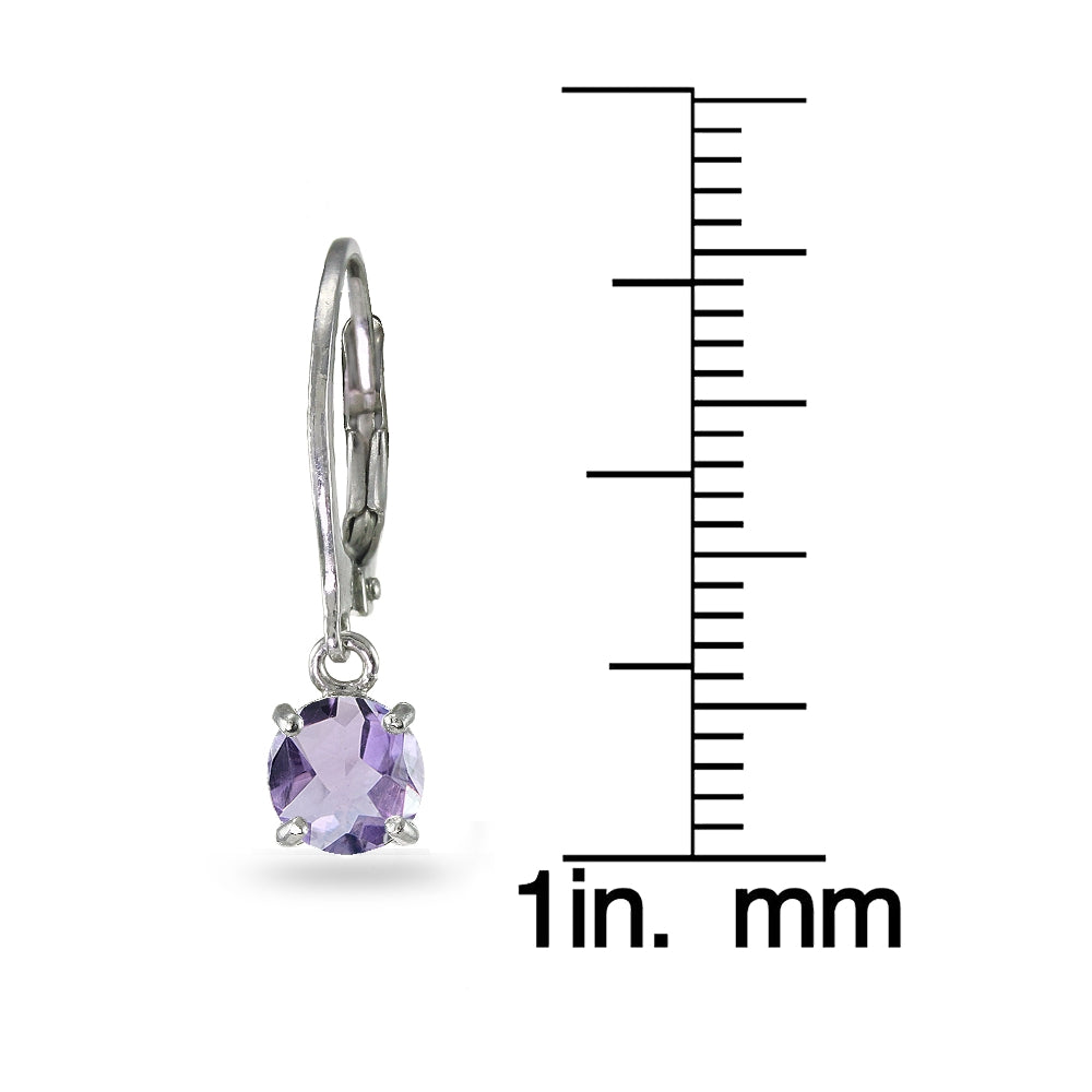 Sterling Silver Amethyst 6mm Round Dangle Leverback Earrings-3