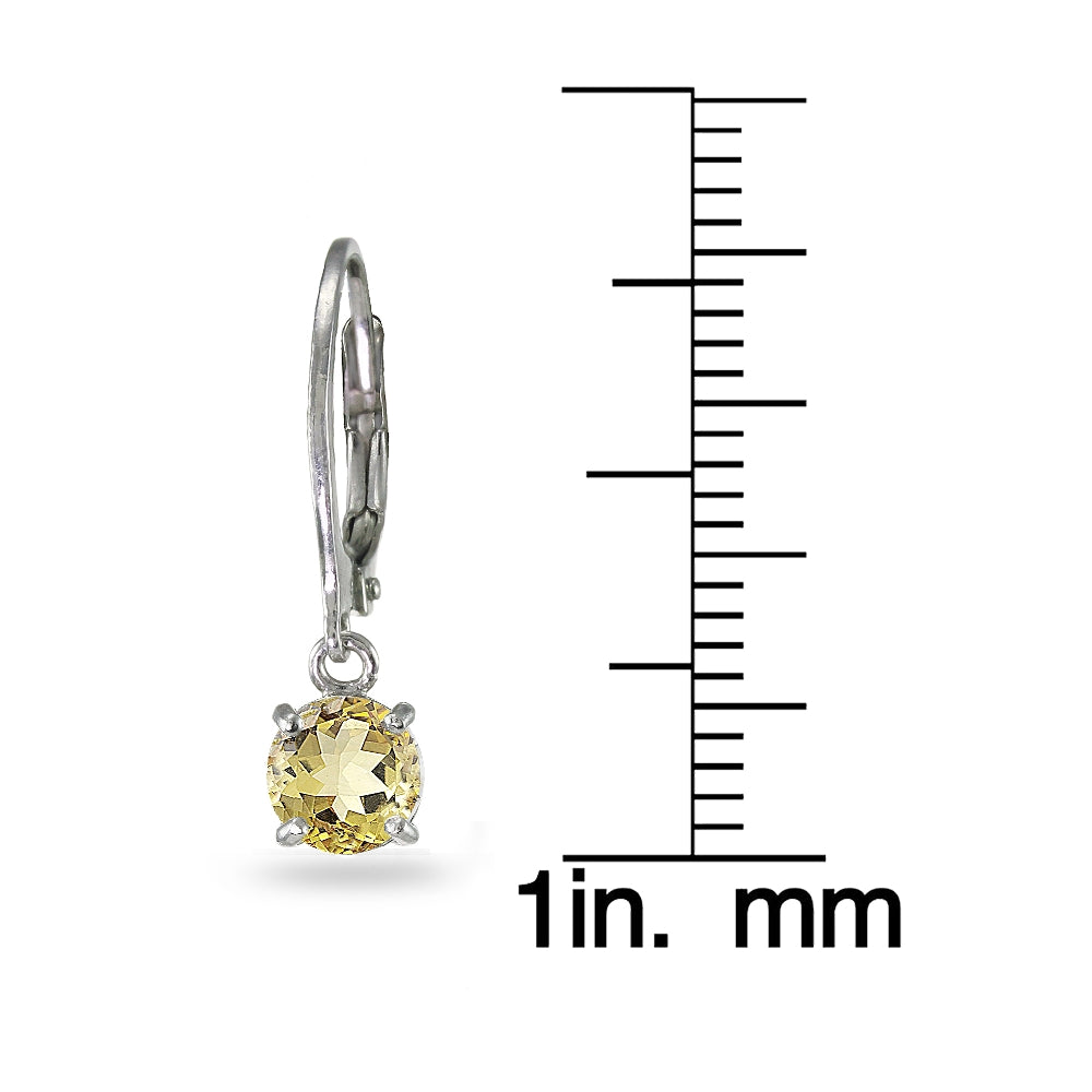 Sterling Silver Citrine 6mm Round Dangle Leverback Earrings-3