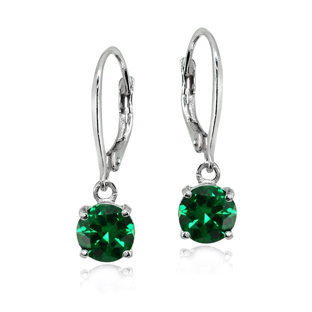 Sterling Silver Created Emerald 6mm Round Dangle Leverback Earrings