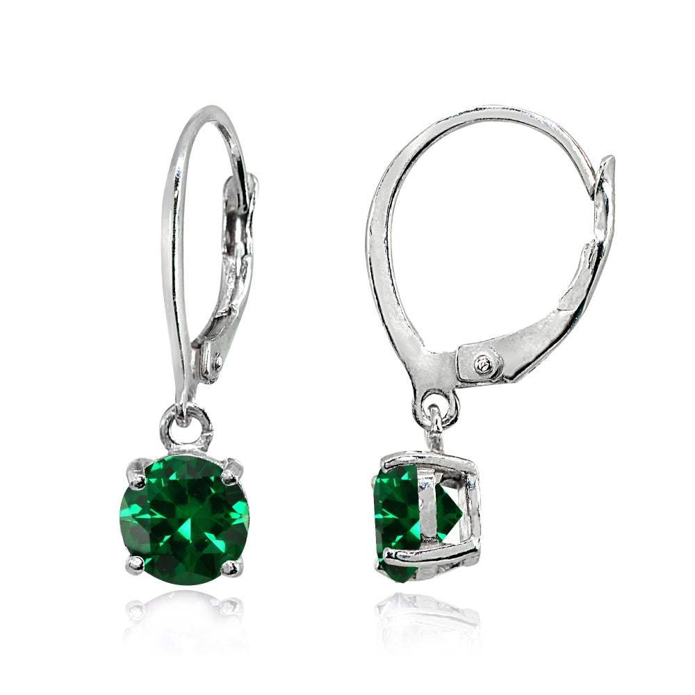 Sterling Silver Created Emerald 6mm Round Dangle Leverback Earrings-2